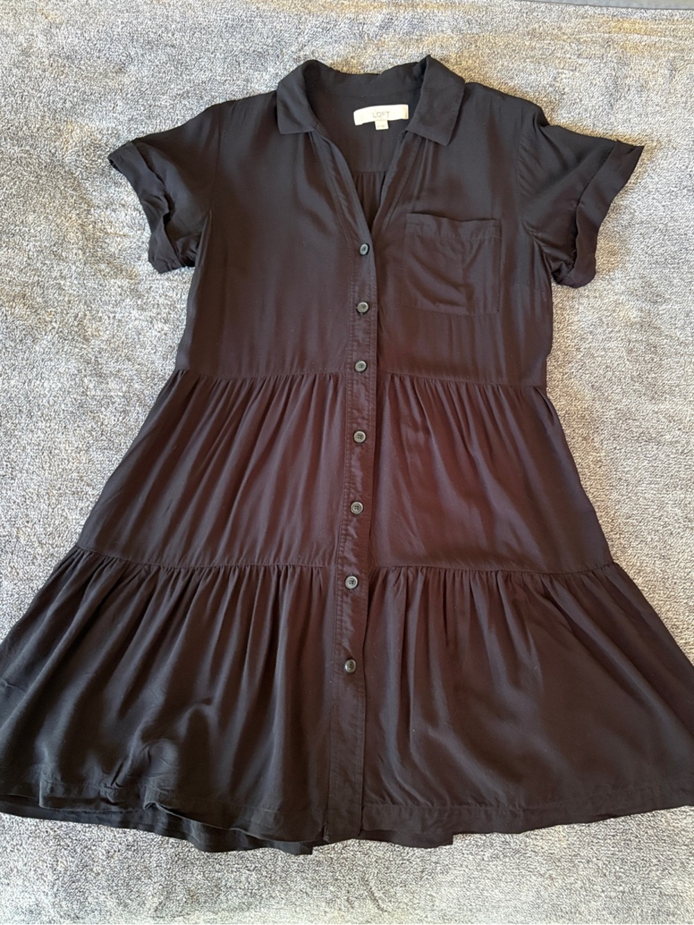 Black Small Loft Tiered Collared Button Down Short Sleeve Dress